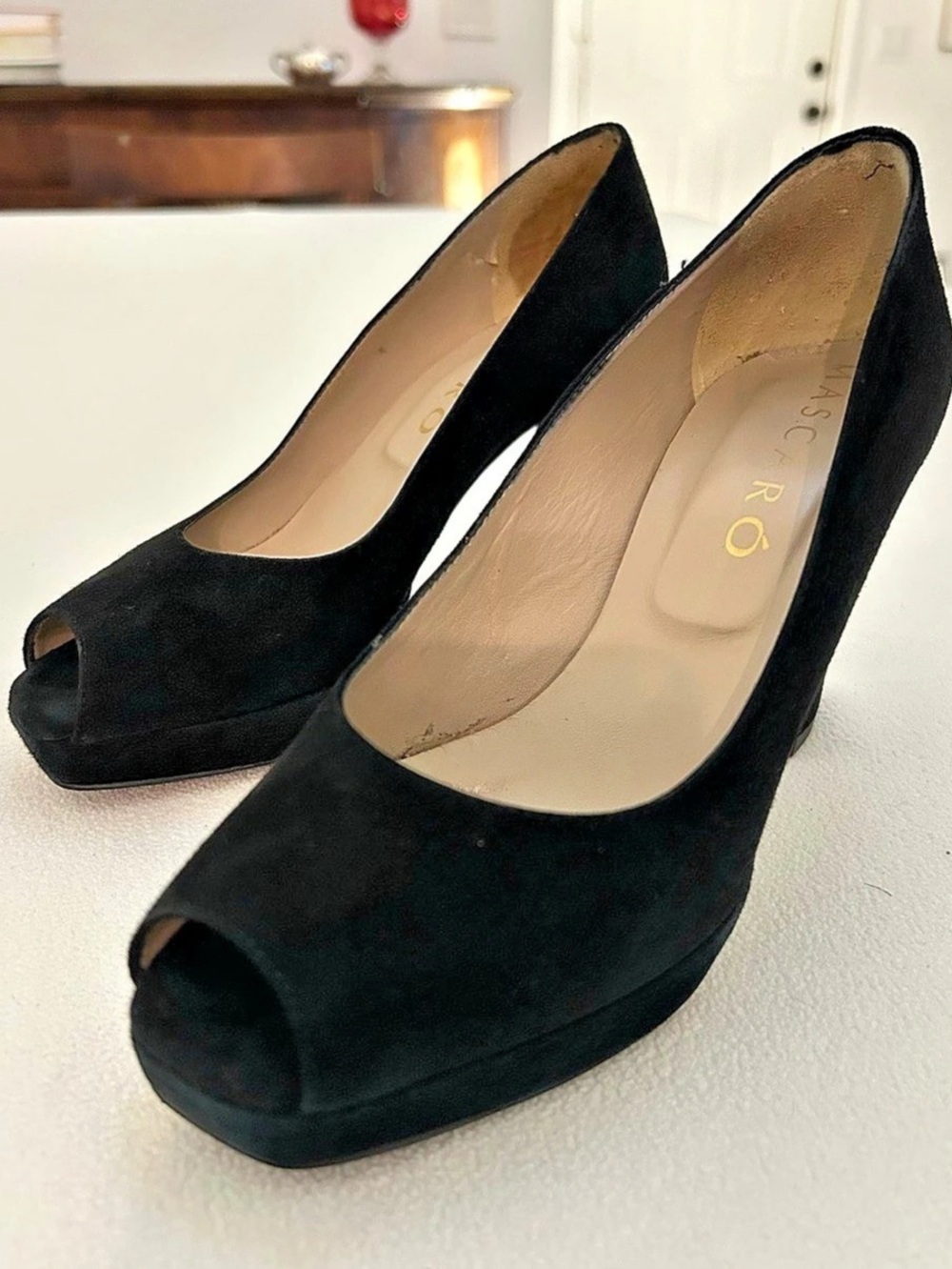 Mascaro Black Suede Platform Peep Toe Heels